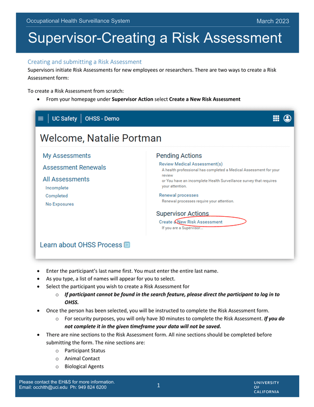 Occupational Health Surveillance System Supervisor Creating A Risk Assessment screenshot