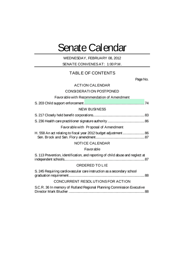 Senate Calendar screenshot