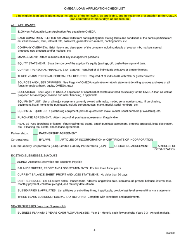 OMEGA LOAN APPLICATION CHECKLIST screenshot