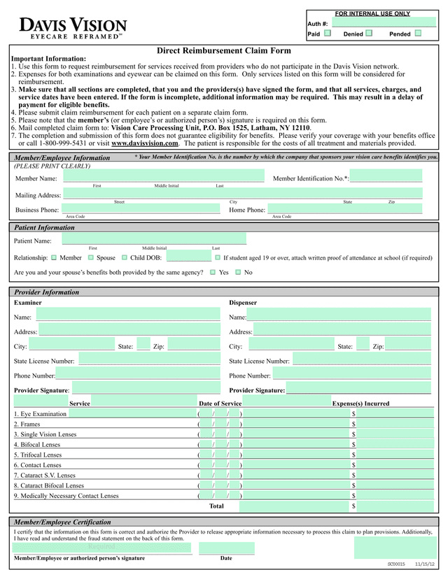 Direct Reimbursement Claim Form screenshot