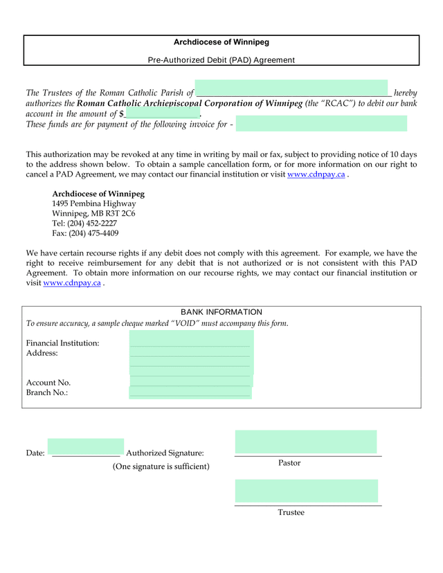 Pre Authorized Debit (PAD) Agreement screenshot