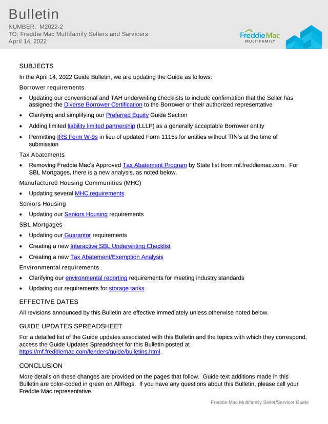 Freddie Mac Multifamily SellerServicer Guide Bulletin screenshot