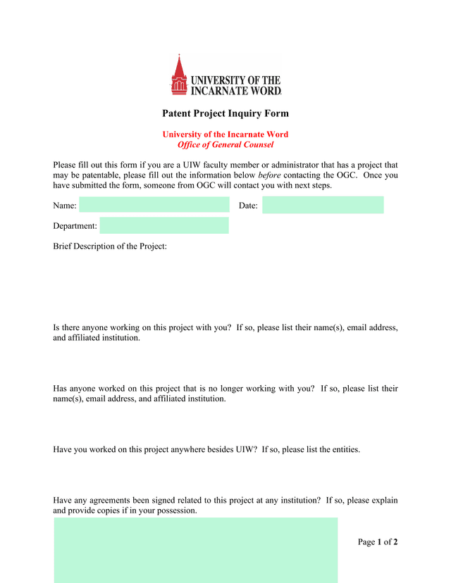 Patent Project Inquiry Form screenshot