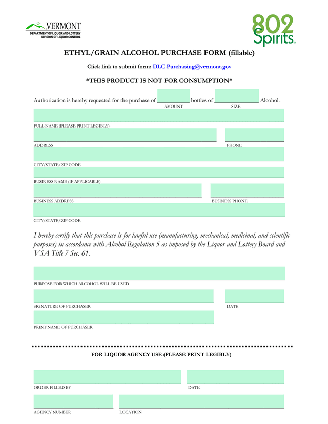 ETHYLGRAIN ALCOHOL PURCHASE FORM screenshot