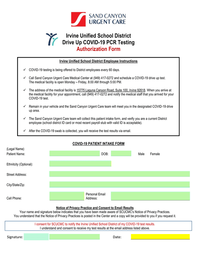 Irvine Unified School District Drive Up COVID 19 PCR Testing Authorization Form screenshot