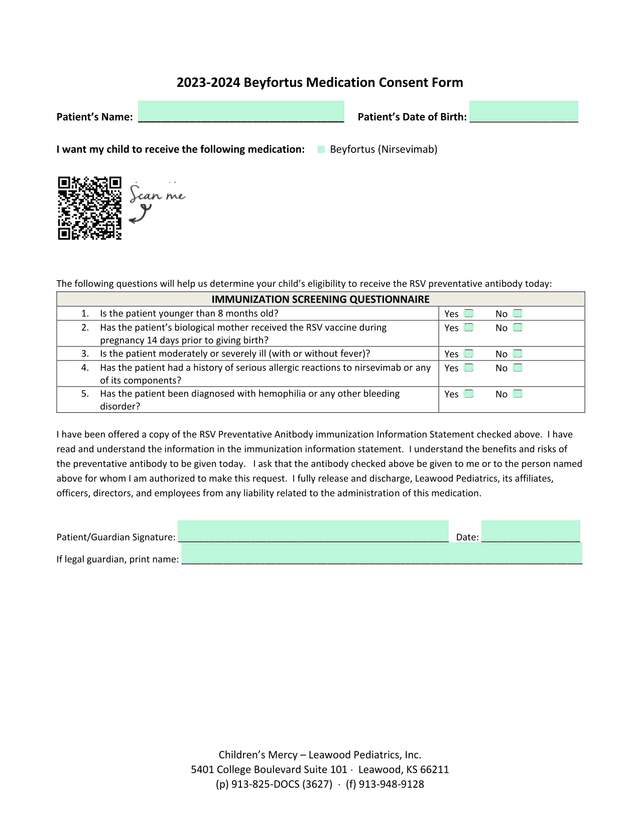 2023 2024 Beyfortus Medication Consent Form screenshot