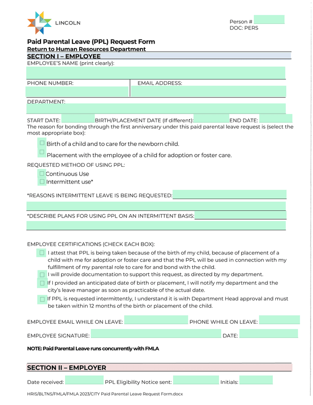 Paid Parental Leave (PPL) Request Form screenshot