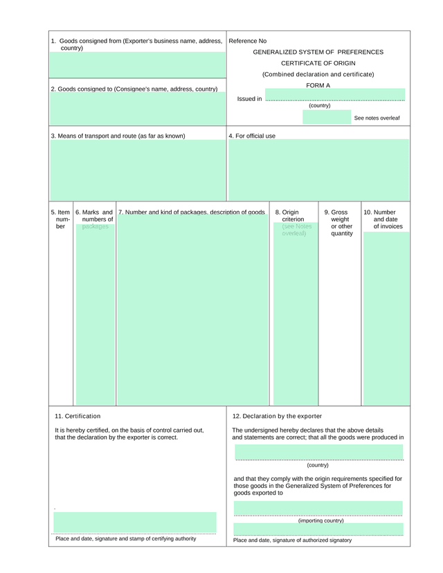 GENERALIZED SYSTEM OF PREFERENCES CERTIFICATE OF ORIGIN   FORM A screenshot
