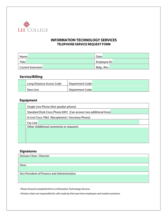 TELEPHONE SERVICE REQUEST FORM screenshot