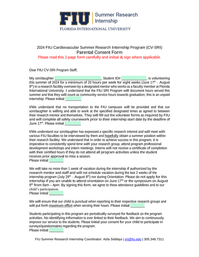 2024 FIU Cardiovascular Summer Research Internship Program (CV SRI) Parental Consent Form screenshot