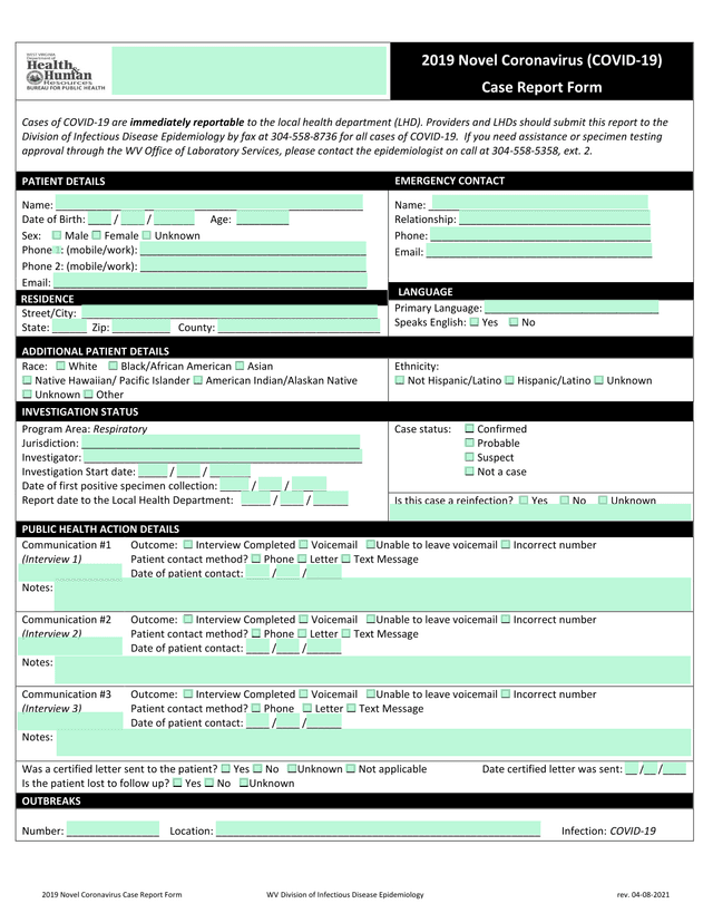 2019 Novel Coronavirus Case Report Form screenshot