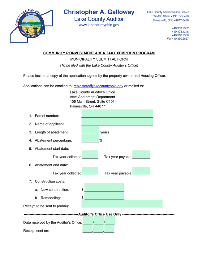 Community Reinvestment Area Tax Exemption Program Municipality Submittal Form screenshot