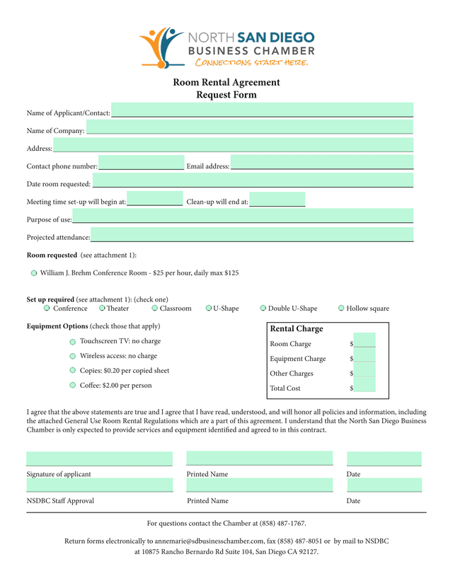 Room Rental Agreement Request Form screenshot