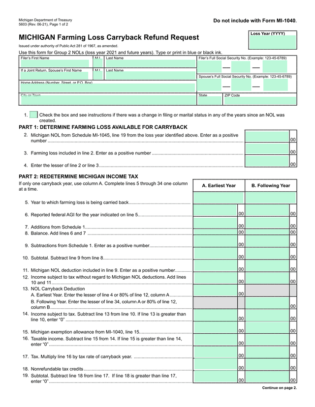 Michigan Farming Loss Carryback Refund Request screenshot