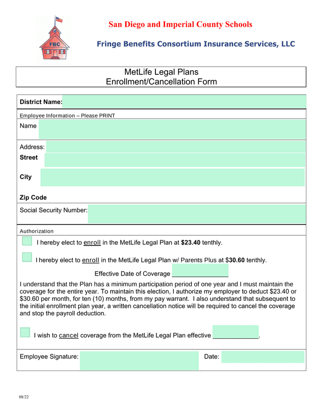 MetLife Legal Plans EnrollmentCancellation Form screenshot