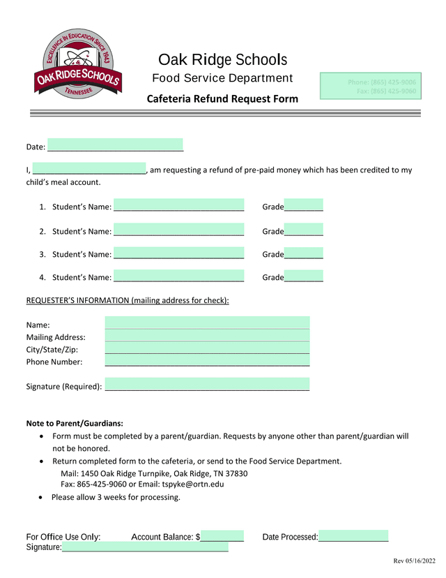 Cafeteria Refund Request Form screenshot