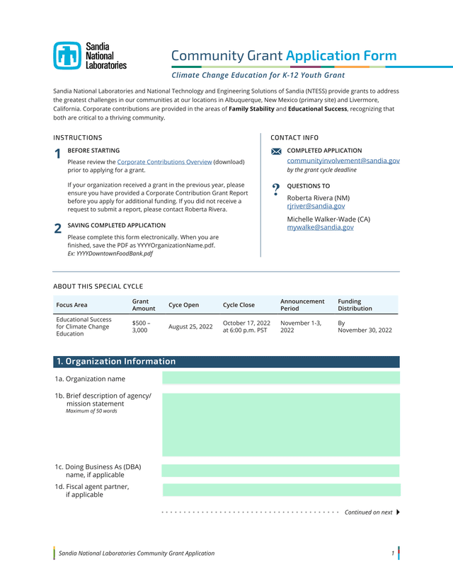 Sandia National Laboratories Community Grant Application screenshot