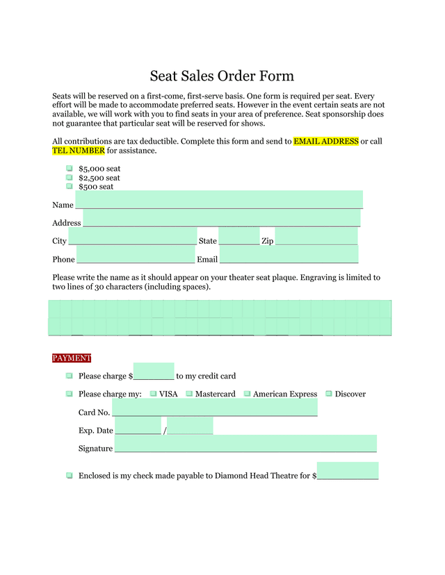 Seat Sales Order Form screenshot