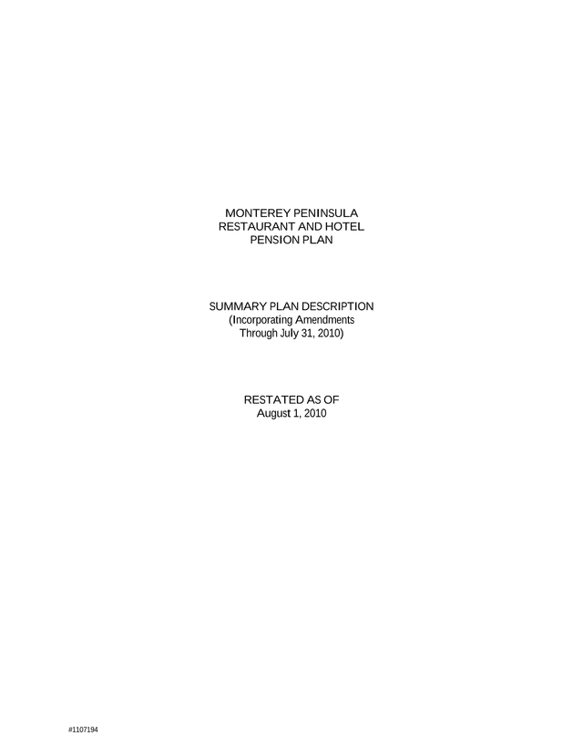 Monterey Peninsula Restaurant And Hotel Pension Plan Summary Plan Description screenshot