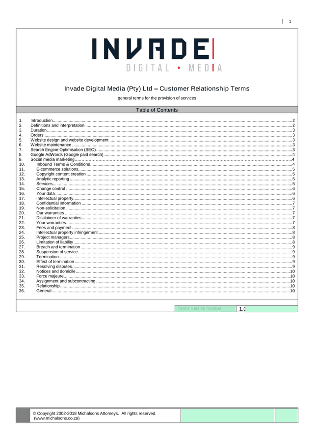 Invade Digital Media (Pty) Ltd  Customer Relationship Terms screenshot