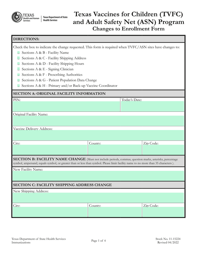 Texas Vaccines For Children (TVFC) And Adult Safety Net (ASN) Program Changes To Enrollment Form screenshot