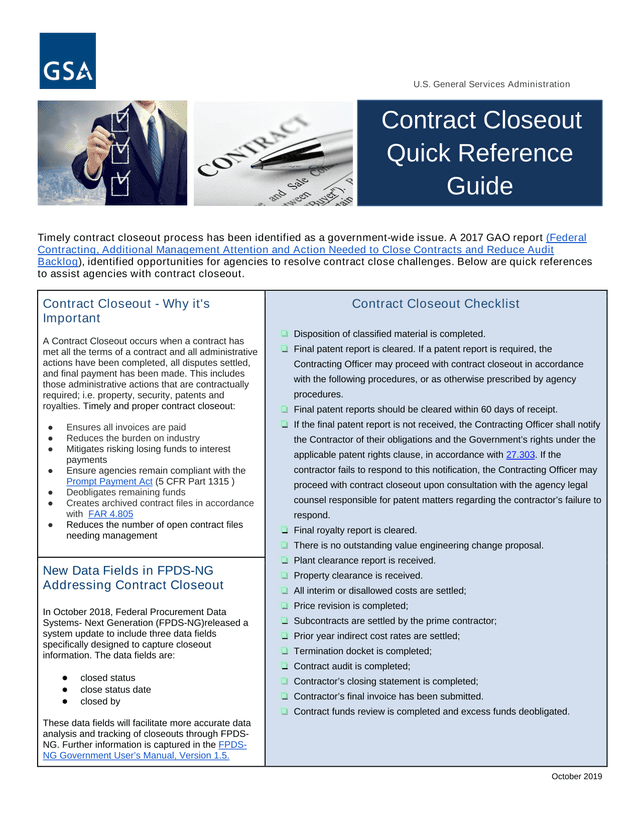 Contract Closeout Quick Reference Guide screenshot