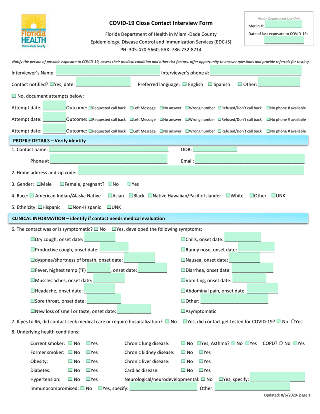 COVID 19 Close Contact Interview Form screenshot