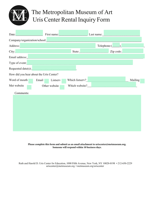 Uris Center Rental Inquiry Form screenshot