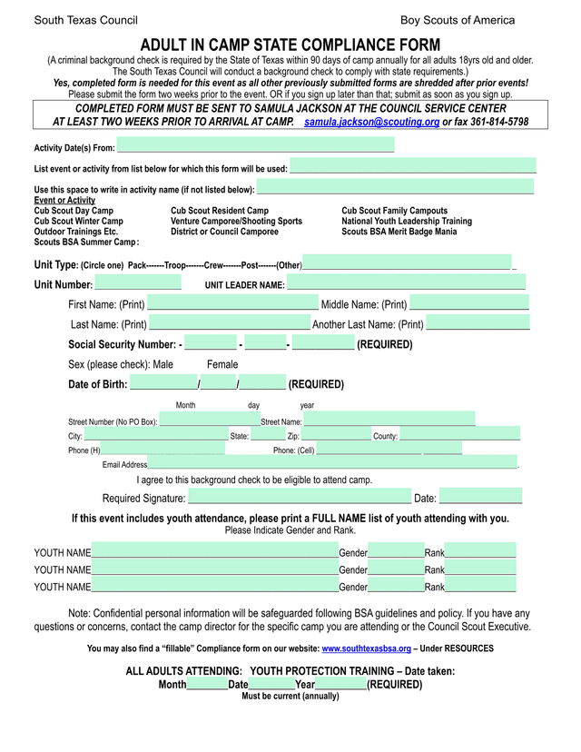 Adult In Camp State Compliance Form screenshot