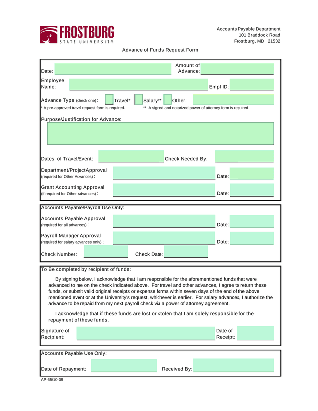 Advance Of Funds Request Form screenshot