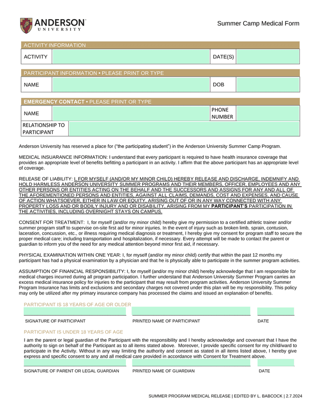 Summer Program Medical Release screenshot