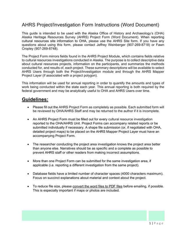 AHRS ProjectInvestigation Form Instructions screenshot