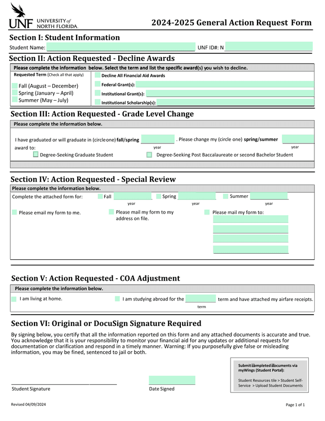 2024 2025 General Action Request Form screenshot