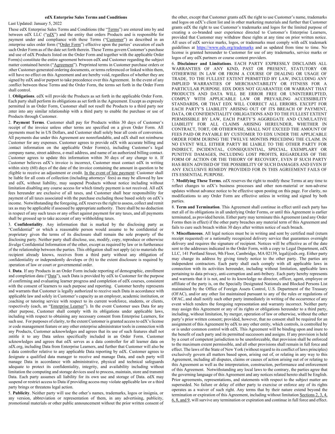 EdX Enterprise Sales Terms And Conditions screenshot