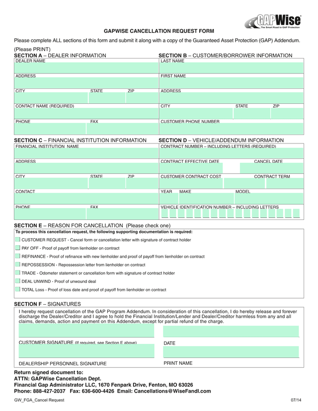 GAPWise Cancellation Request Form screenshot