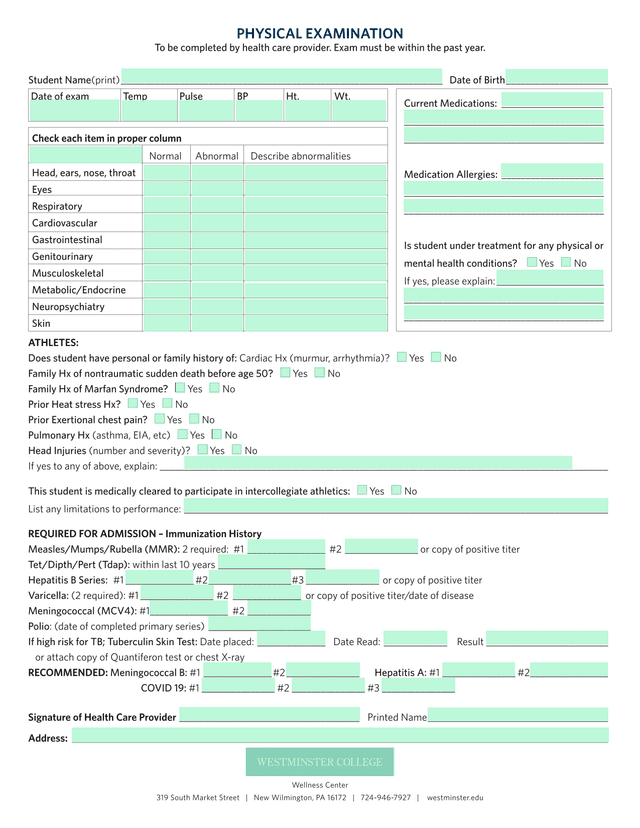 Physical Examination Form screenshot