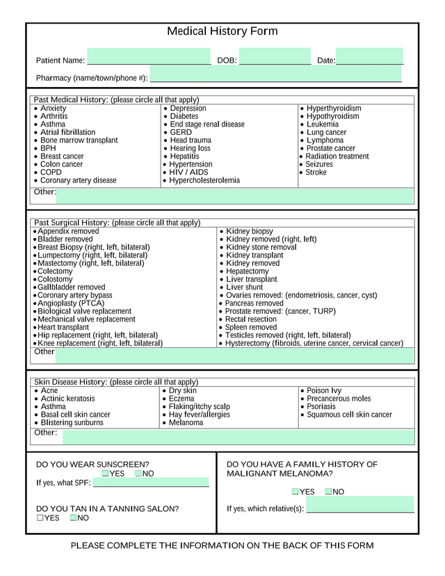Medical History Form screenshot