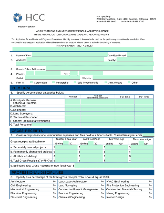 Architects And Engineers Professional Liability Insurance Application screenshot