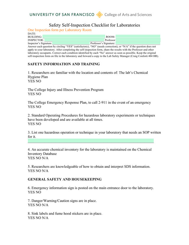 Safety Self Inspection Checklist For Laboratories screenshot
