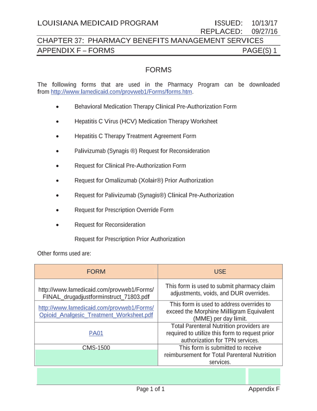 Louisiana Medicaid Pharmacy Benefits Management Services   Appendix F Forms screenshot