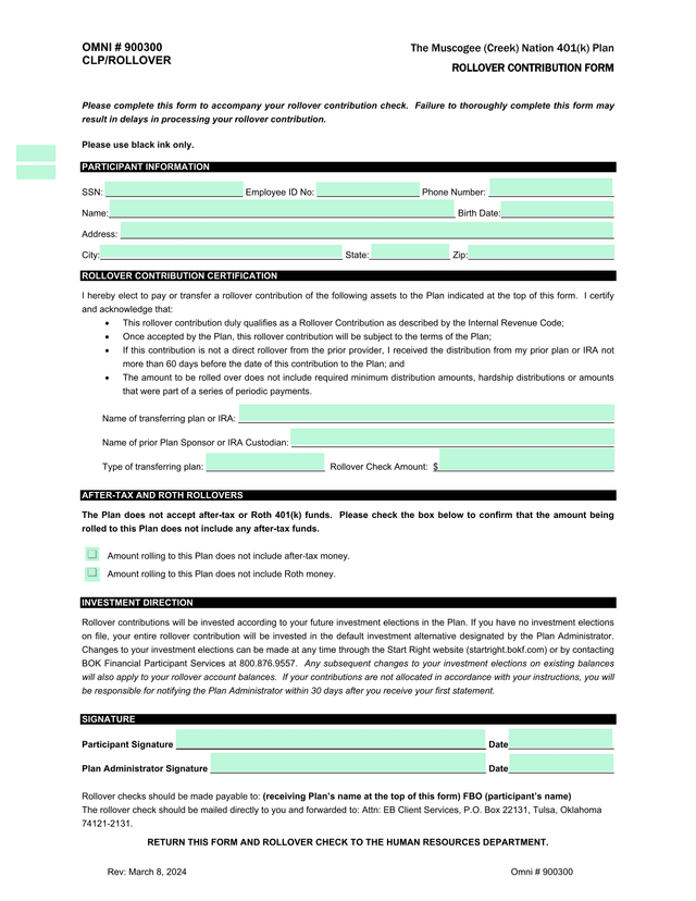 The Muscogee (Creek) Nation 401(K) Plan Rollover Contribution Form screenshot