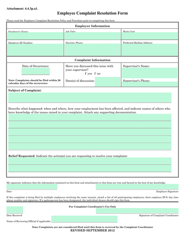 Employee Complaint Resolution Form screenshot