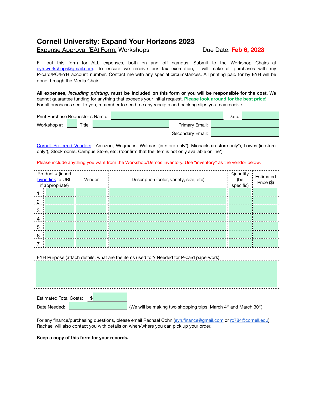 Cornell University Expand Your Horizons 2023 Expense Approval (EA) Form Workshops screenshot