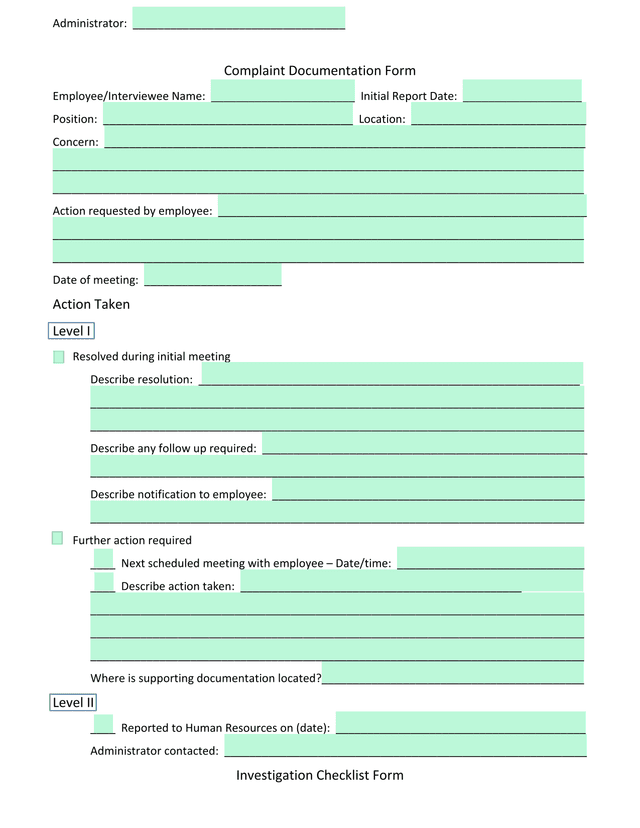 Complaint Documentation Form screenshot