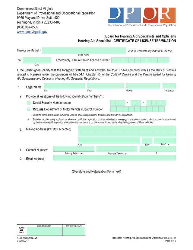 Hearing Aid Specialist   Certificate Of License Termination screenshot
