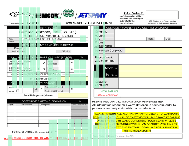 WARRANTY CLAIM FORM screenshot