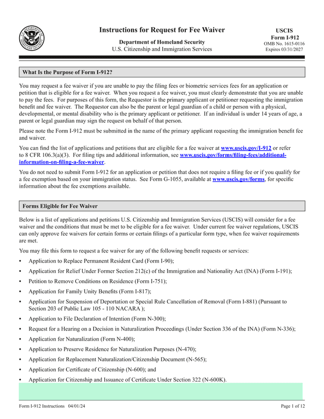 Form I 912 Instructions screenshot