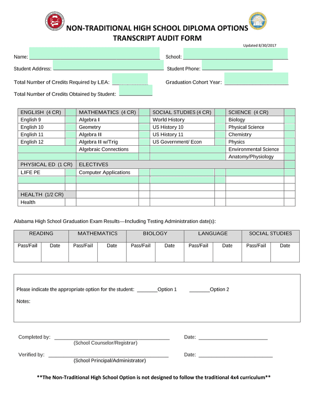 NON TRADITIONAL HIGH SCHOOL DIPLOMA OPTIONS TRANSCRIPT AUDIT FORM screenshot