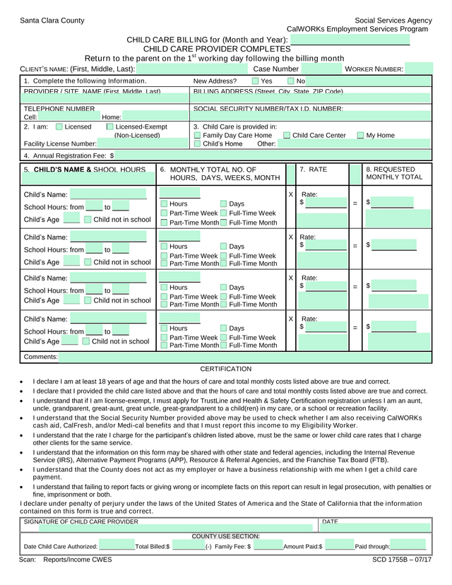 CalWORKs Employment Services Program Child Care Billing Form screenshot