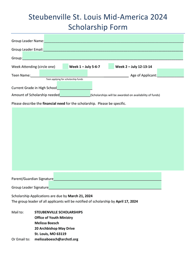 Steubenville St. Louis Mid America 2024 Scholarship Form screenshot